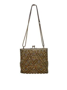 Vintage Women’s Gold Crystal Beaded Clutch Bag With Chain Strap & Satin Lining